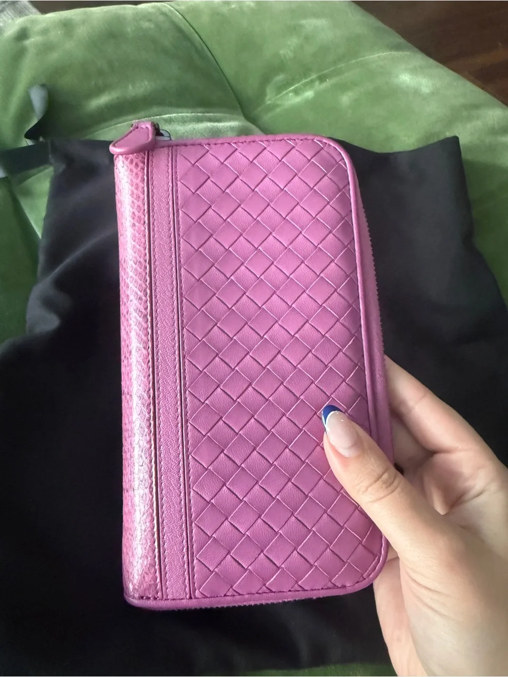 Authentic Bottega Veneta Pink Woven Leather Zip Wallet